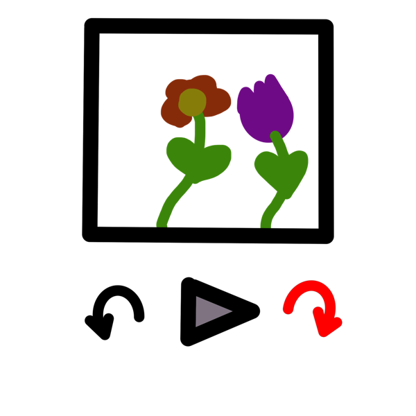 A drawing of a white music player with a picture of two flowers on the screen. The device is a vertically oriented rectangle with a screen on top, and buttons to rewind, play, and fast forward below. The rewind button is a black curved arrow pointing down left and the skip button is a  bright red curved arrow pointing down right and the play button is a triangle.